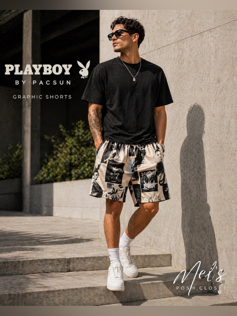 🚨PLAYBOY Black & Cream Graphic Drawstring Athletic Shorts